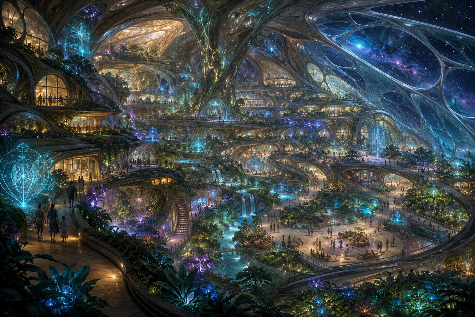 Draft project illustration of Lumen, with luminous living structures, people and technological forms beneath a star-filled opening