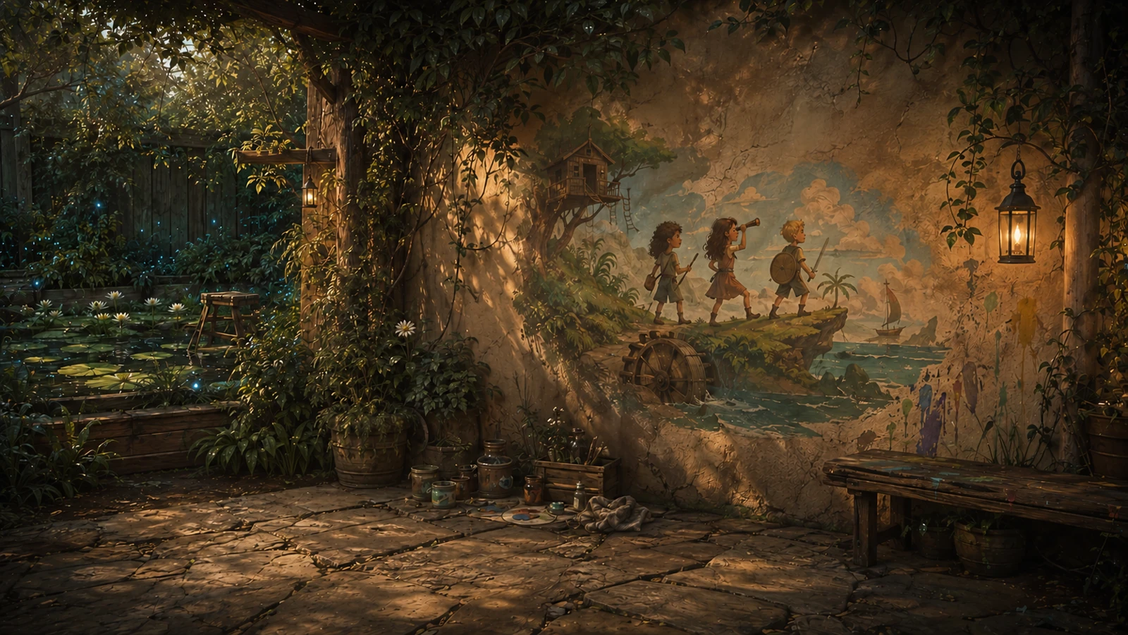 A painted remembrance mural showing children together, from the Seeds of Youth visual novel